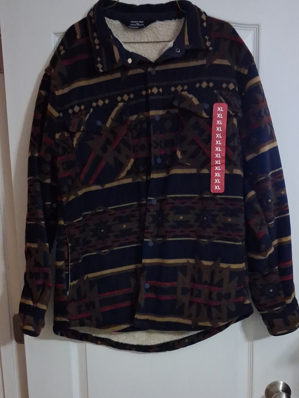 Men's Sherpa-Lined Patterned Jacket Coat - Navy Multicolor